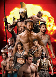 Uma imagem reunindo diversos atores protagonistas de filmes de ação, todos sem camisa e com os músculos salientados pelo uso de óleo corporal.