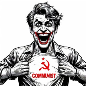 Um homem com maquiagem de palhaço, que nem o coringa do Batman. Usando uma camiseta por baixo da camisa escrito comunismo. Imagem gerada por IA.